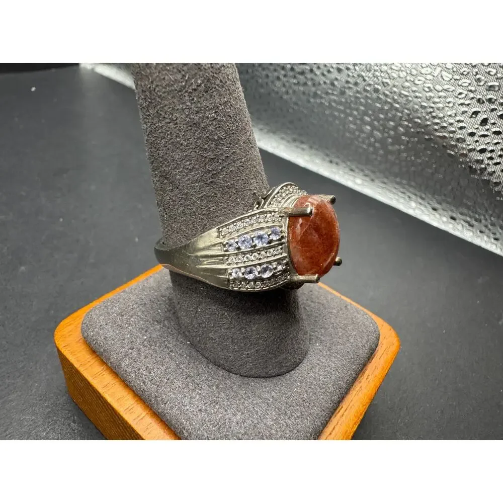 Vtg 925 Sterling Silver Orange Sunstone Cabochon Ring Clear Blue Accent Sz 10
